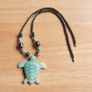 Howlite Carved Turtle Pendant Blue Aqua Stone Hermatite Grey Silver Necklace